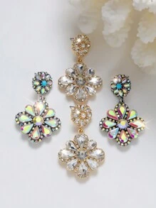1對歐美風格水鑽、彩色鑽石、花卉設計、珍珠和綠松石串珠女式耳環 - 花朵 - 查看 3