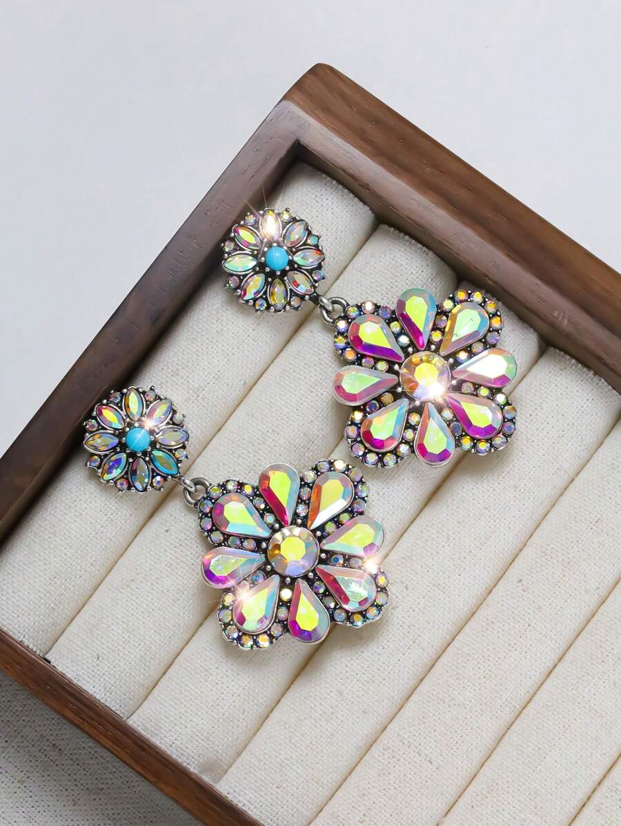 1對歐美風格水鑽、彩色鑽石、花卉設計、珍珠和綠松石串珠女式耳環 - 花朵 - 查看 1