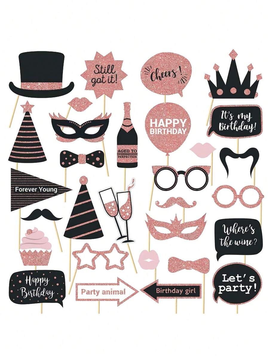 生日派對攝影道具,30件玫瑰金生日派對道具套件,實際閃爍可愛生日設計,適用於女孩或婦女,生日派對裝飾用品和桌面居家擺設 - 香檳色 - 查看 1