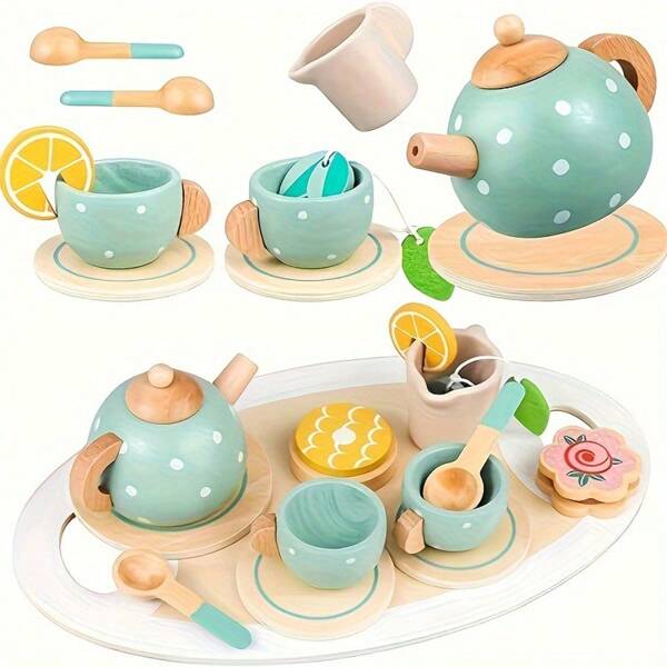 Wooden Kids Tea Set (Teapot, Teacups, Desserts, Biscuits, Tea