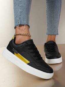 Women'S Sport Shoes Flat Lightweight Minimalist Style Youth Campus Sneakers, Casual Skateboard Shoes With Color Blocking - Black - View 3