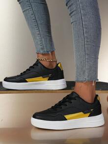 Women'S Sport Shoes Flat Lightweight Minimalist Style Youth Campus Sneakers, Casual Skateboard Shoes With Color Blocking - Black - View 4