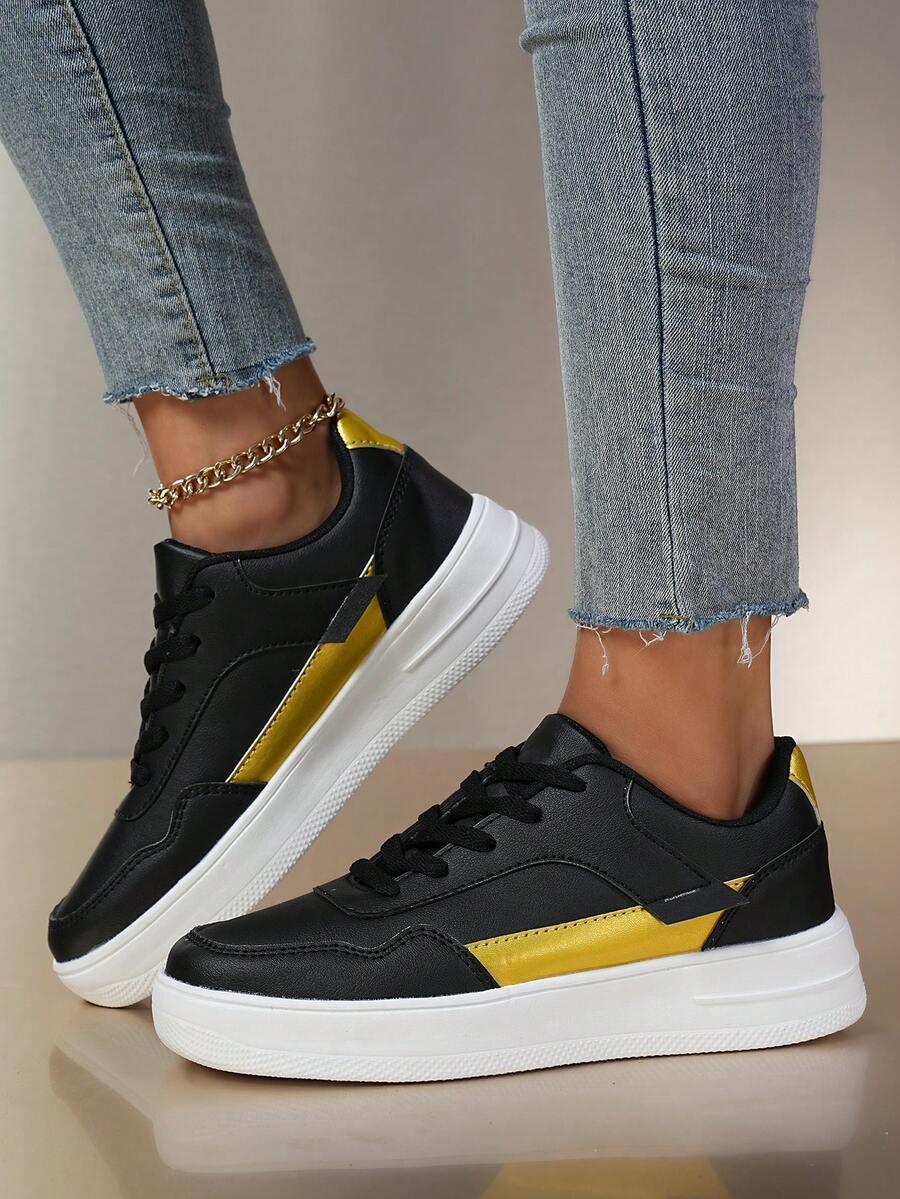 Women'S Sport Shoes Flat Lightweight Minimalist Style Youth Campus Sneakers, Casual Skateboard Shoes With Color Blocking - Black - View 1