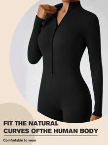 Yefecy 1pc Yoga Life Solid High Stretch Solid Color Zipper Sports Jumpsuit - Black - View 3