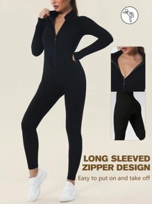 Yefecy 1pc Yoga Life Solid High Stretch Solid Color Zipper Sports Jumpsuit - Black - View 1