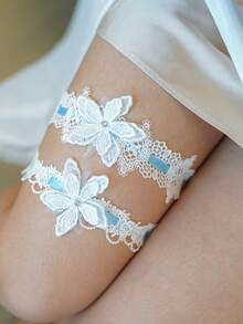 2 件蓝色花朵婚礼吊袜带蕾丝新娘吊袜带性感弹力大腿带适合日常/婚礼/派对使用 - 淺藍色 - 查看 5