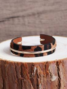 1件豹纹皮革表带和铜环装饰时尚个性化手链，女士款，欧美风格 - 深棕豹紋 - 查看 2