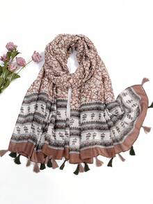 1pc Women'S Multicolor Fashionable Striped Floral Print Fringe Scarf Shawl, Suitable For Daily Commute And Outwear - Maroon - View 1