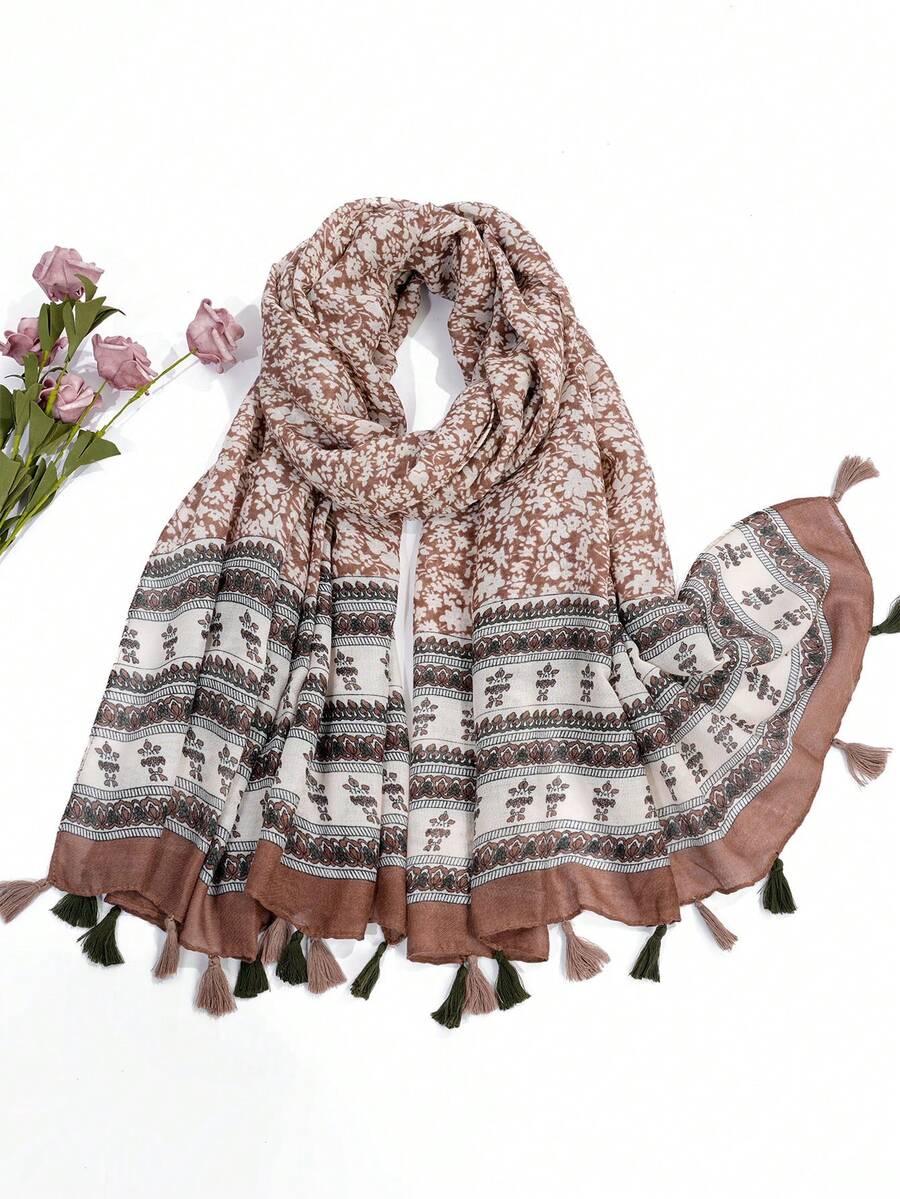 1pc Women'S Multicolor Fashionable Striped Floral Print Fringe Scarf Shawl, Suitable For Daily Commute And Outwear - Maroon - View 1