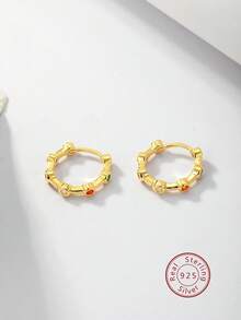 925 純銀材質和方晶鋯石嵌入甜蜜糖果色可愛圓形耳環,1 對適合兒童、女孩、日常、度假、派對、禮物 - 彩色 - 查看 2