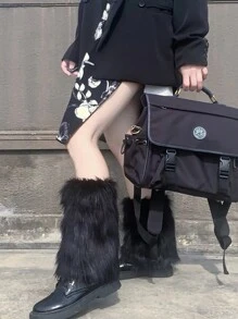 1pc Thick And Fluffy Solid Color Knee-Length Warm Pants, Suitable For Women's Winter Party - Black - View 2