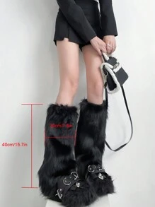 1pc Thick And Fluffy Solid Color Knee-Length Warm Pants, Suitable For Women's Winter Party - Black - View 3