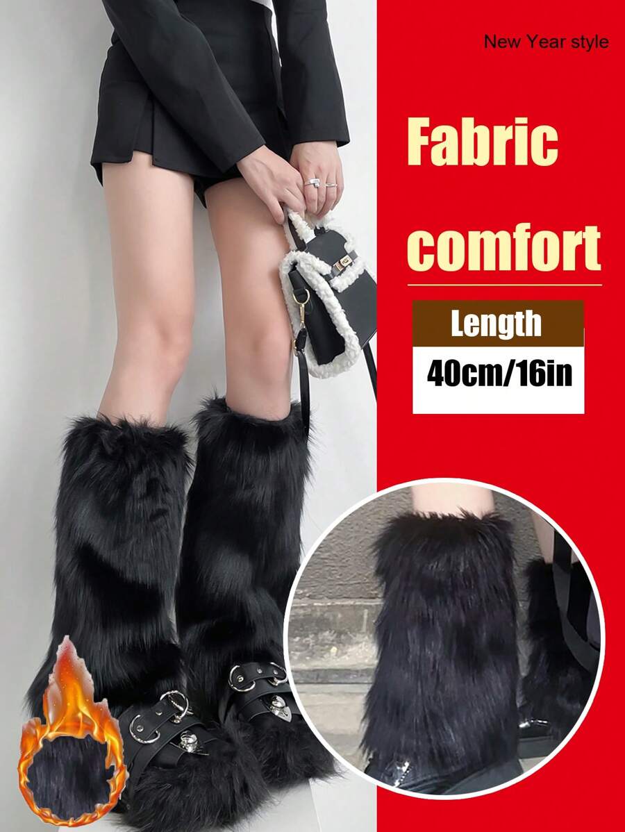 1pc Thick And Fluffy Solid Color Knee-Length Warm Pants, Suitable For Women's Winter Party - Black - View 1