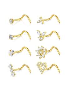 CIZME 8 piezas/set Pendientes de nariz de plata y oro para mujeres de 18G 20G, pendientes de nariz en forma de sacacorchos en L, pendientes de nariz de acero inoxidable, joyas de piercing de nariz de acero inoxidable para fosa nasal