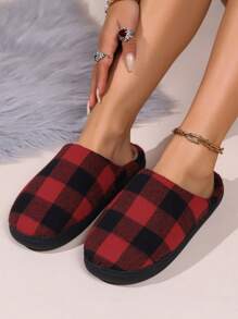 女士經典紅黑相間格紋室內保暖拖鞋,平底防滑家居拖鞋 - 紅色 - 查看 1