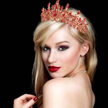 女士生日皇冠頭飾和肩帶,女孩生日派對裝飾禮物水晶頭帶高級鑽石皇冠套裝女王公主髮飾裝扮 - 紅色 - 查看 3