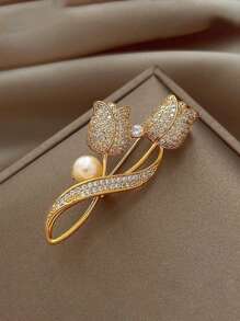 1pc Brooch Rhinestone Tulip Flower Brooch Anti-Glare Suit Brooch Collar Pin Jewelry - Gold - View 7