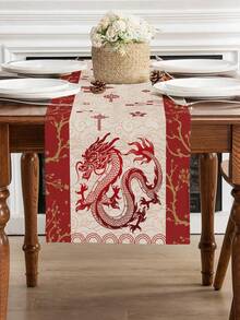 1入華麗龍紋桌布，紅色龍和雲紋裝飾布，適用於中式聚會、餐廳或家庭活動，尺寸為13 x 72英寸 - 龍紋A - 查看 4