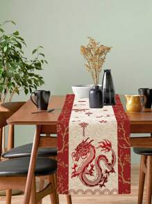 1入華麗龍紋桌布，紅色龍和雲紋裝飾布，適用於中式聚會、餐廳或家庭活動，尺寸為13 x 72英寸 - 龍紋A - 查看 1