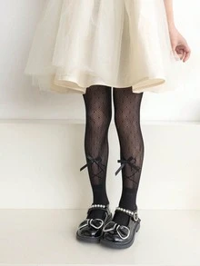 1pc Hollow Out Butterfly Pattern Tights With Bowknot And Pantyhose For Baby Girls, Suitable For Daily Outwear Or Leisure Activities - Black - View 3