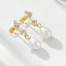 1對s925純銀法式復古淡水珍珠吊墜耳環,女士極簡方形立體立方氧化鋯鑲嵌耳針,冷色調風格 - 金黃色 - 查看 1