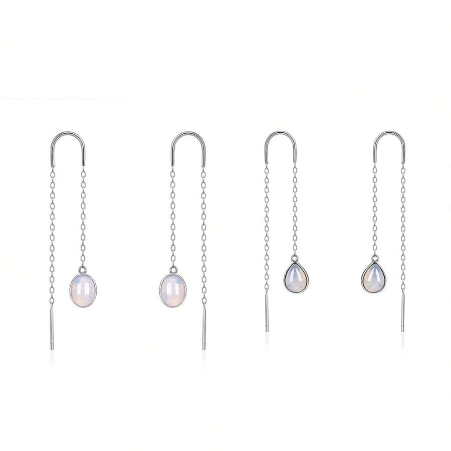 Moonmory 一對月石露耳環女式月石吊墜耳環,寶石誕生石長鏈下垂耳環時尚珠寶禮物適合女人女孩水滴造型