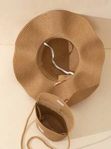 2pcs Ladies' Khaki Beach Sun Hat & Woven Crossbody Bag With Flap, Perfect For Beach Vacation Boho Halloween Halloween Decor Valentines Gift - Khaki - View 4