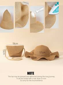 2pcs Ladies' Khaki Beach Sun Hat & Woven Crossbody Bag With Flap, Perfect For Beach Vacation Boho Halloween Halloween Decor Valentines Gift - Khaki - View 6