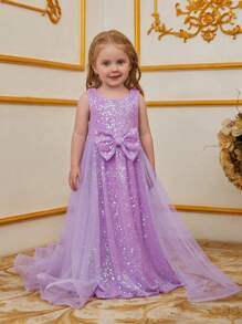 Young Girl Sequin Floor-Length Party Dress With Butterfly Waist Decor & Tulle Skirt Overlay – Sleeveless Round Neck, Fitted Silhouette For Special Occasions - Mauve Purple - View 4