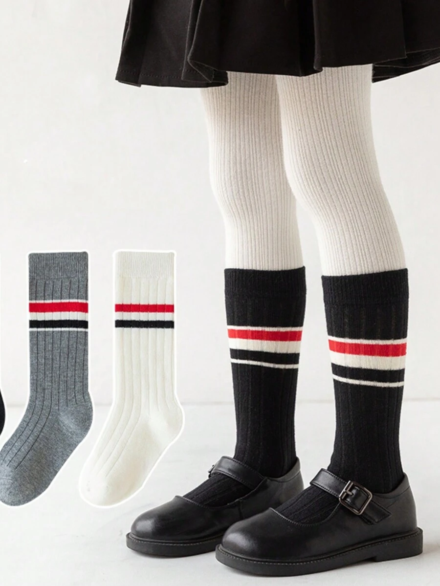 3 雙/套兒童襪子,男孩和女孩白色高筒和中筒襪,兩雙條紋足球愛好者襪子 - 彩色 - 查看 1