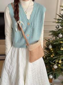 1個復古絨面斜背包 2023冬季可愛的小麂皮手提包女性女士輕盈的肩背包,配有可調節的肩帶,聖誕禮物 - 棕色 - 查看 5