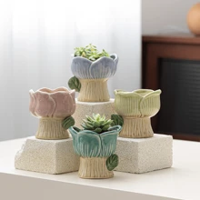 1pc Creative Ceramic Tulip Shaped Flowerpot For Succulents, Ornament Decoration - Blue - View 3