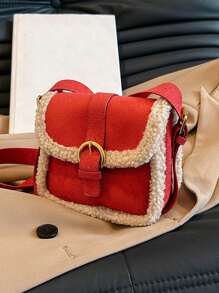 1個小毛絨和pu皮革可愛的襟翼磁扣肩袋,配有滾邊,適用於冬季 - 酒紅色 - 查看 3