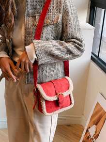 1個小毛絨和pu皮革可愛的襟翼磁扣肩袋,配有滾邊,適用於冬季 - 酒紅色 - 查看 5