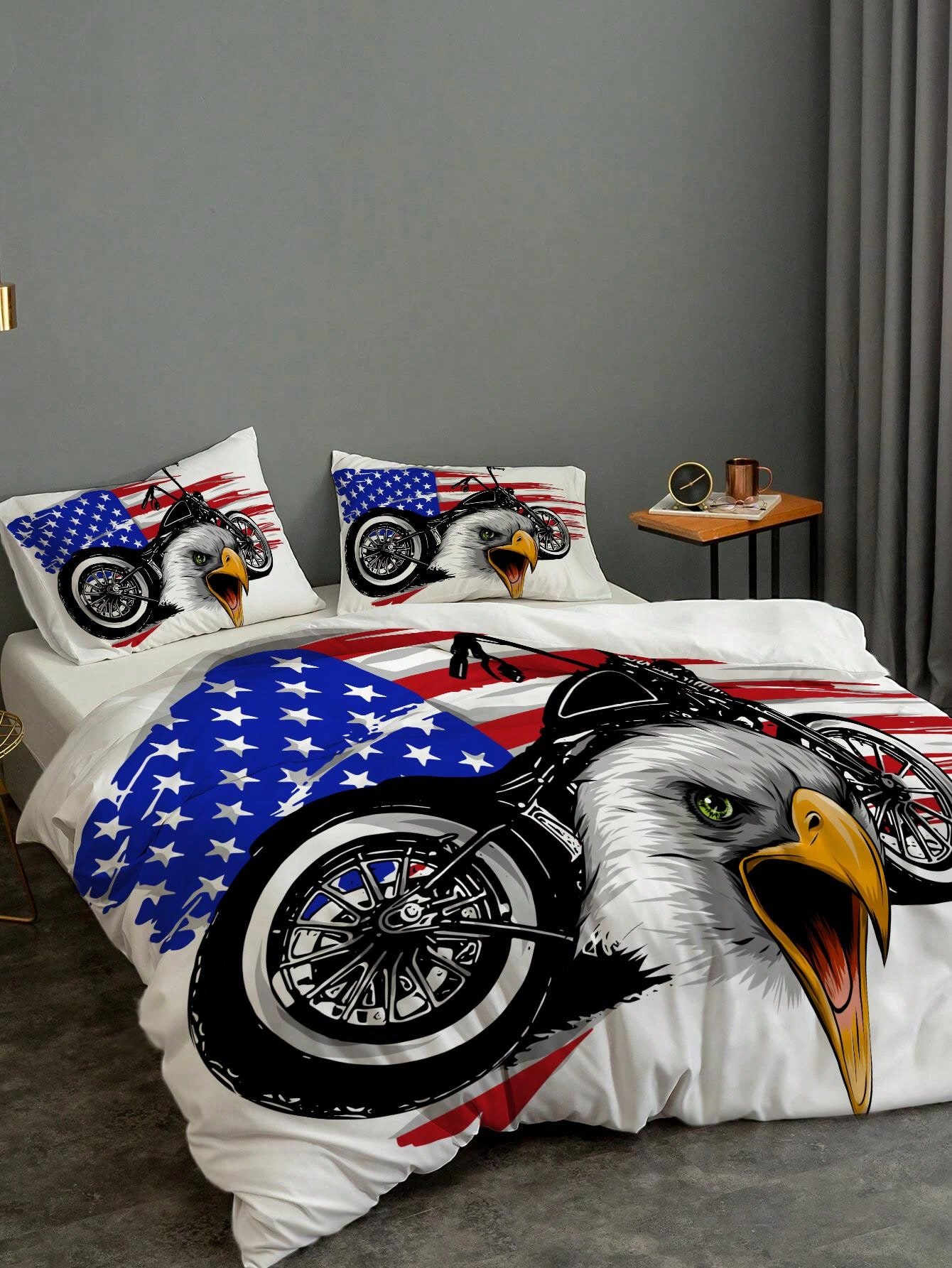 3pcs Novel Retro Comforter Cover Set, Eagle Motorcycle Print Bedding
