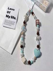 Ins Mint Green & Coffee Brown Handmade Simple Beaded Cell Phone Charm For Teen Girls, Heart Detail Beaded Chain - Blue - View 2