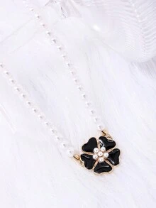 1條精致的珍珠和鑽石花鉆吊墜項鍊,適合女性使用 - 彩色 - 查看 1