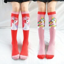 2對兒童無跟過膝高襪,卡通獨角獸直筒襪適用於女孩 - 彩色 - 查看 1