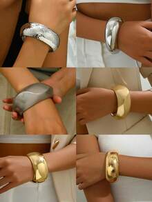 Fashion this season F&S 1 件镀金宽磨砂不对称形状手链，适合知性或甜美风格，简约时尚欧美优雅，奢华而夸张的复古个性，轻奢而优雅，适合日常佩戴、通勤、朋友聚会、浪漫假期、约会、街拍，展现优雅与时尚 - 金色 - 查看 5