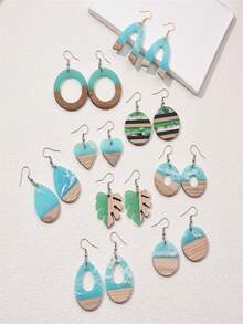 2件套 时尚个性化亚克力木质耳环，叶子和水滴造型，女士日常耳饰 - 彩色 - 查看 3