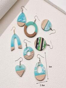 2件套 时尚个性化亚克力木质耳环，叶子和水滴造型，女士日常耳饰 - 彩色 - 查看 5