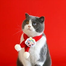 1入寵物新年圍巾,寵物貓織春節圍巾,編織保暖紅色吉祥寵物頸巾,貓咪新年節慶寵物裝飾 - 酒紅色 - 查看 6