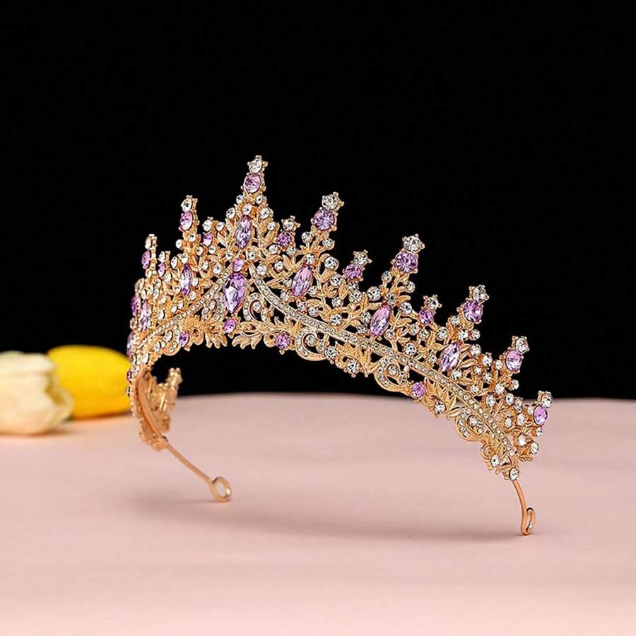 1pc Bride Crown With Crystal, European Style Wedding Dress Headpiece, Birthday/Adult Gift, All-Match Hair Accessory For Performance - Purple - View 1