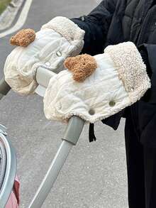 Guantes gruesos para el manillar del cochecito de bebé para otoño e invierno, guantes de calentamiento para el carrito de bebé con diseño de oso lindo