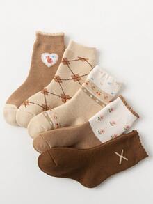 5 雙/包米色花卉印花兔耳毛絨溫暖柔軟舒適兒童襪子 - 彩色 - 查看 1