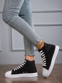 新款女士休閒運動鞋,帆布鞋,高筒鞋,透氣舒適,加大尺碼溜冰鞋 - 黑與白 - 查看 4