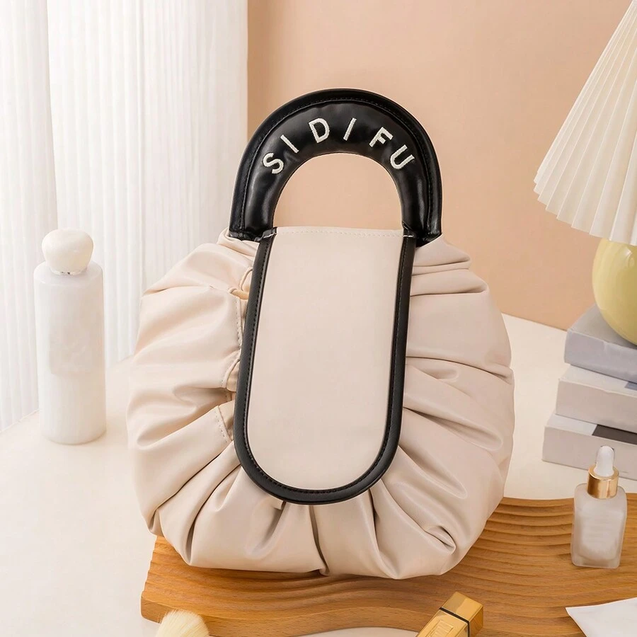 1入防水pu材質質感十足的馬車掌化妝包，大容量便攜式化妝包，拉繩式閉口，抽繩收口設計，附化妝品收納袋的可摺疊旅行袋 - 米色 - 查看 1