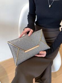 時尚銀閃粉信封手拿包,帶金屬板裝飾和星形扣環,適用於女士派對 - 銀色 - 查看 7