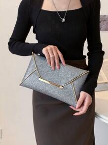 時尚銀閃粉信封手拿包,帶金屬板裝飾和星形扣環,適用於女士派對 - 銀色 - 查看 5