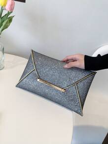 時尚銀閃粉信封手拿包,帶金屬板裝飾和星形扣環,適用於女士派對 - 銀色 - 查看 6
